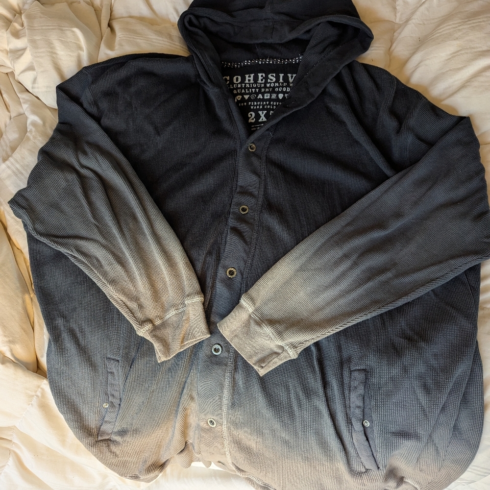 Cohesive Button Up Long Sleeve Hooded Thermal Shirt grey to beige fade w pockets